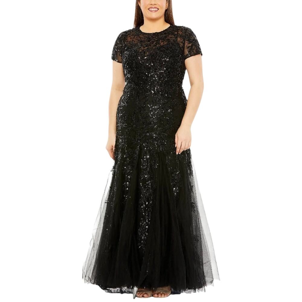 Mac Duggal 20623 Black Evening Gown Beaded Short Sleeve A-Line Dress Size 16W